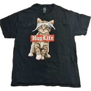 Hug Life‎ Funny Cat T Shirt Graphic Tee Men’s XL Novelty Black